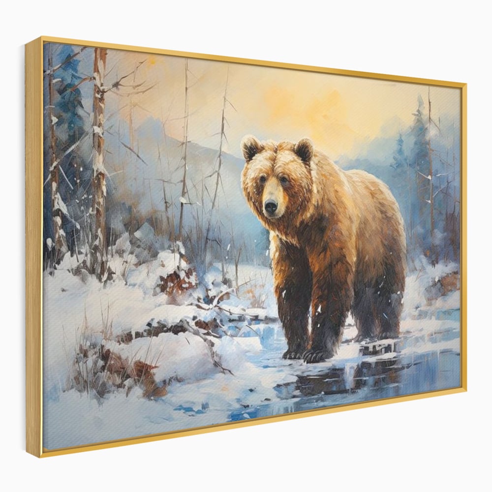 Tablou canvas cu tablou canvas cu urs brun in zapada, in rama de aluminiu auriu
